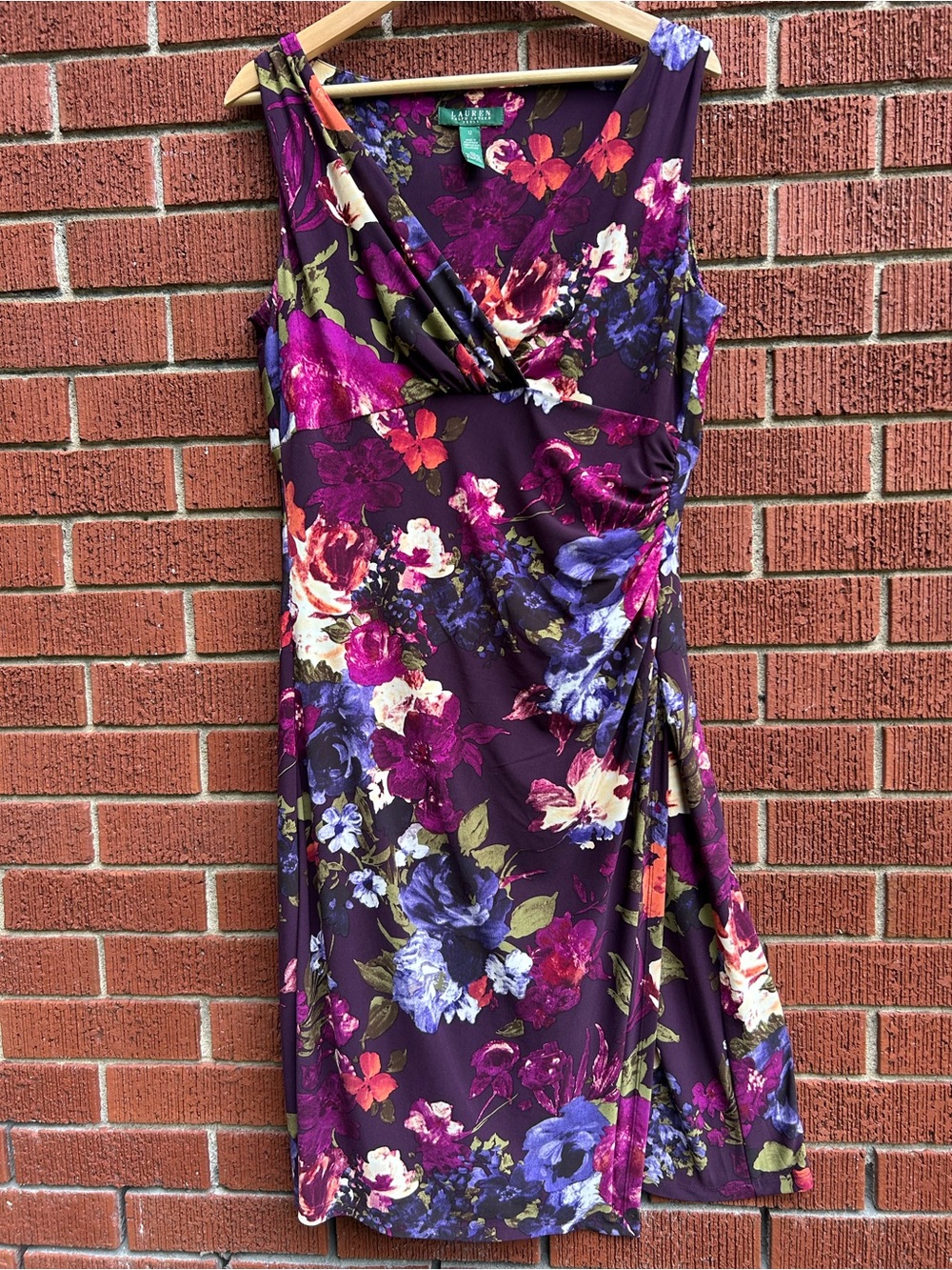 Lauren Ralph Lauren Floral Cocktail Dress Purple Wrap Ruched Midi Dress Size 12